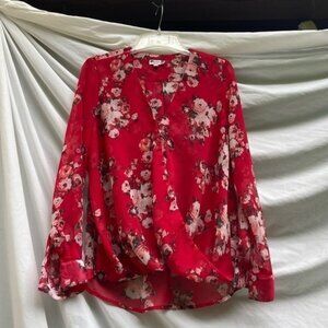 KUT from the Kloth red floral sheer long sleeve blouse, size small